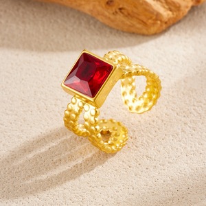 Geometric Square Gold Plated <b>Adjustable</b> <b>Ring</b> With Red Stone Bezel Setting Unisex Party Jewelry - Product Image 2