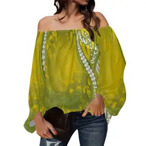 Off Shoulder Tops Women Ladies Tops Blouse Tribal Yellow And Green Leaves Custom Ladies Chiffon Tops Or Blouse Women