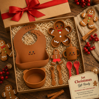 Ensemble repas bébé en silicone motif pain d'épices de Noël, qualité alimentaire, kit complet d'alimentation pour nourrissons, coffret cadeau de Noël pour nouveau-né