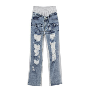 Streetwear Patchwork Ripped Jean <strong>Denim</strong> Sports Pants <strong>Jogger</strong> <strong>Women's</strong> Cotton Trousers Harem Casual Pants Sweat Pants - Product Image 1