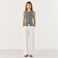 OEM ODM Personnalisé Coréen Été Femme Noir Blanc Rayé Sans Manches Gilet Tricoté Coupe Ajustée Boutonné