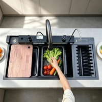 Évier de cuisine intelligent moderne 12045 avec lave-tasses haute pression, affichage numérique, robinet cascade, station de lavage de vaisselle Nano Noir