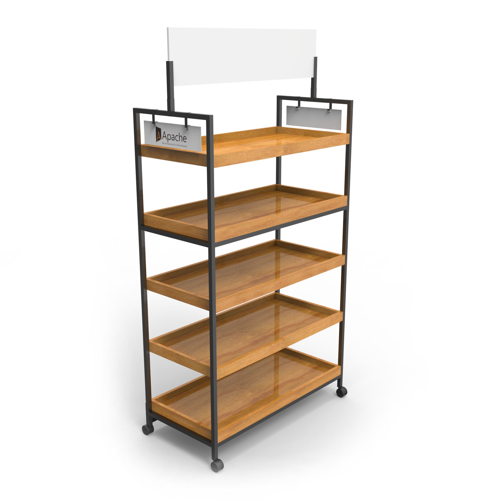 Wooden Tray Metal Salad Display Stand with Wheels for Stores — view 6