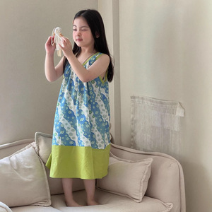 Abito estivo in cotone per ragazze, color block, scollo quadrato, senza maniche, stile country - Product Image 1