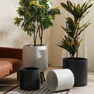 Hoge Kwaliteit Vloer Decoratie Cilinder Vezel Kleipot Tuin Potten Outdoor Plantenbakken Bloempot