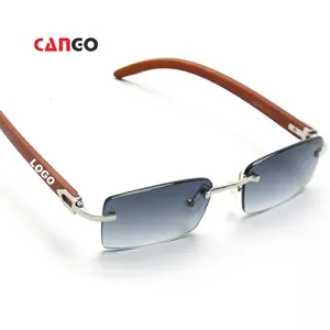 CANGO UVプロテクションファッションヴィンテージ木製リムレスカスタムサングラスロゴグラスメンズ長方形uv400アイウェア卸売サングラス