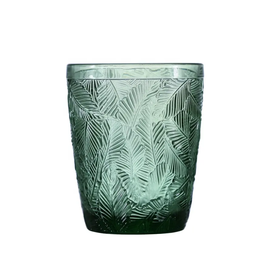 Vintage Glassware Custom Leaf Design Embossed Green Colored Glass Cups Romantic Glass Tumbler