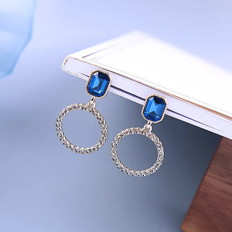 e971150d Blue Color Gemstone Diamond Circles Pendant Earring zirconia custom hoop earrings fashion jewel