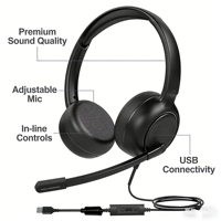 Casque Binaural Filaire USB avec Microphone Anti-Bruit Qualcomm ENC et Fonction Mute, Idéal pour le Bureau et les Appels Professionnels