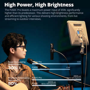 Panneau lumineux LED bicolore GODOX P260C PRO 2800-6500K, <span class=keywords><strong>lampe</strong></span> vidéo de studio à intensité variable pour la production vidéo et le vlogging - Product Image 6