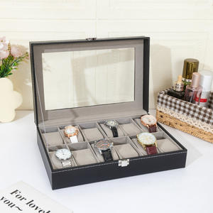 Boîte de présentation de montre en cuir PU rétro à 12 fentes avec grande fenêtre mallette de rangement grise pour montres - Product Image 3