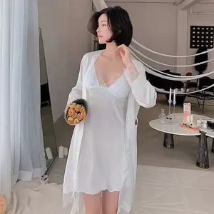 Nieuwe Sexy Pyjama Rok Twee Delige Set Vrouwen Zomer Koreaanse Versie Dunne Pure Kleur Lange Nachtjapon Satijn Thuis Kleding
