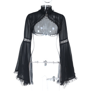 Top Gótico de Malla Transparente para Mujer - Top Corto con Cuello Alto y Mangas Campana con Ribete de Encaje Negro para Moda Punk, Alternativa y Grunge - Product Image 6