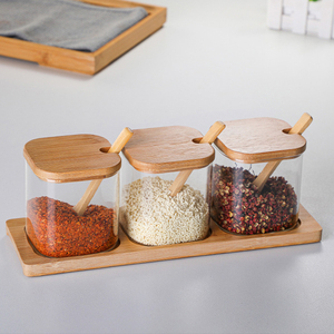Bambus-und Holz abdeckung Borosilikatglas-Gewürz glas Küchengewürzglas-<span class=keywords><strong>Set</strong></span> mit Holz löffel - Product Image 6