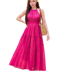 Boho Magenta Pink Textured Chiffon <b>Long</b> Dress Women Backless Tie Neck High Rise A Line Vacation Resort <b>Sundresses</b> - Product Image 1