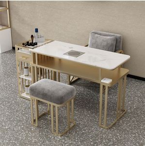 Mesa de Manicura de Dos Plazas, Moderna y de Lujo, con Superficie de Mármol y Acero Inoxidable, Muebles de Salón de Belleza, Estudio, Novedad 2025 - Product Image 1