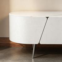 Meuble TV d'angle incurvé de luxe léger, meuble TV moderne en dalle de roche blanche, pieds en métal, console de rangement minimaliste pour salon