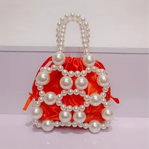 Fashion Pearl Decoration Drawstring Satin Handbag 2024 New 12 Colours Casual Women's Clutch Bags