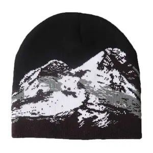 Wholesale Jacquard Logo Plain Streetwear Black Slouch Knit Hats Sport Custom Labels Beanie hat For Women Beanie