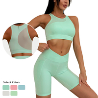 Ensemble de vêtements de sport actifs pour femmes, shorts de yoga de fitness, logo personnalisé, maille à empiècements, ensemble de 2 pièces, soutien-gorge de yoga, pantalon de course