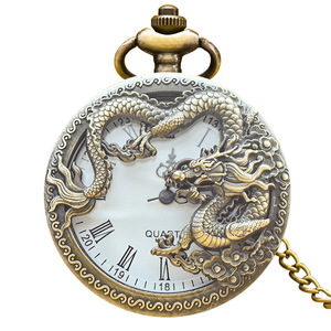 Antique Chinese Zodiac Dragon Retro Quartz Pocket <strong>Watch</strong> with <strong>FOB</strong> Chain Vintage Flip Hollow Pendant Christmas Gift - Product Image 5