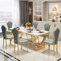 Nouveau modèle 2026 : Ensemble table et chaises de salle à manger en marbre, table rectangulaire en dalle de roche, design moderne et haut de gamme pour restaurant et usage domestique