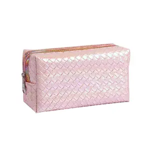 Wholesale beauty bling pearly lustre mermaid PU woven pattern square girl cosmetic storage bag for makeup