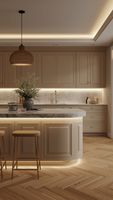 Desain Pulau Dapur Lengkung Modern dengan LED & Laci Soft Close, Penyimpanan Terintegrasi, Kabinet Dapur Modular