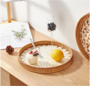Elegant Rattan Serving Tray with Pearl Inlay Eco-Friendly Durable Wooden Base Wicker <b>Basket</b> for Food Storage & Display - Product Image 5