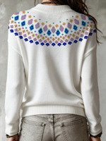 Pull en tricot Fair Isle pour femme, col rond, manches longues, motif géométrique, blanc