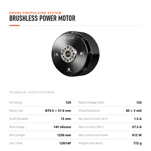 Moteur brushless U11 II KV120, poussée de 14,16 kg avec axe de 15 mm, moteur de drone 612 W pour UAV multirotor à charge lourde 12S - Product Image 2