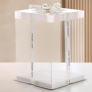 Neues Design geschenk durchsichtige transparente PET-Quadratische Dessert-Verpackungsbox mit weißen Bändern Hochzeit kundenspezifische Kuchenboxen