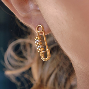 Pendientes de Aro en Forma de Pin, Diseño Geométrico en Bloques de Color Oro y Plata, Pendientes de Acero Inoxidable, Joyería de Moda - Product Image 3