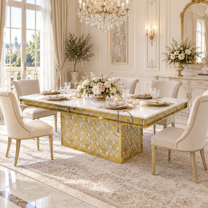 Mesa de Comedor Rectangular de Acero Inoxidable Dorado de Lujo con Tapa Blanca y Base de Pedestal Art Deco para Banquetes de Boda - Product Image 4