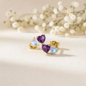 Boucles d'oreilles minimalistes en forme de cœur en pierre de lune arc-en-ciel et améthyste, en argent sterling 925 ou plaqué or 18 carats, pierres précieuses naturelles - Product Image 4
