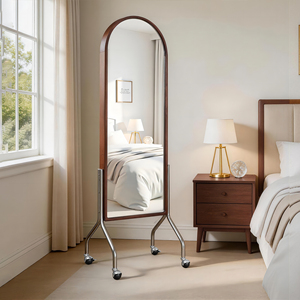 Specchio ad Arco a Figura Intera con Ripiani Portaoggetti, Ruote e Cornice in Legno di Gomma, Specchio da Terra Autoportante per Camera da Letto - Product Image 3