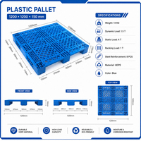 Palette en plastique HDPE recyclable bleue 1200*1200mm, résistante à l'humidité et à la corrosion, à quatre entrées, pour rayonnage d'entrepôt