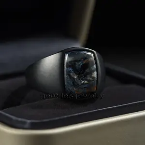 Gentdes gioielli da uomo fede nuziale nera acciaio inossidabile anello Pietersite Band per uomo anello di fidanzamento padre regalo