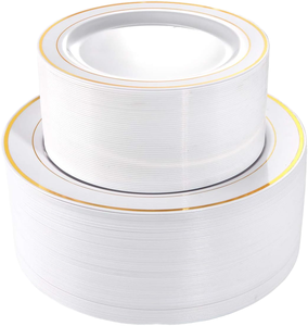 Assiettes jetables modernes en plastique doré durable, 102 pièces, pour fêtes et mariages, tailles 10,25 pouces (dîner) et 7,5 pouces (dessert/apéritif) - ZF Global Export - Product Image 1