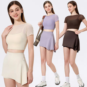 กระโปรงตาข่ายแขนสั้นใส่ตีกอล์ฟชุดเต้นรำแห้งเร็ว2ชิ้นชุดวิ่งฟิตเนสชุดเทนนิส - Product Image 1