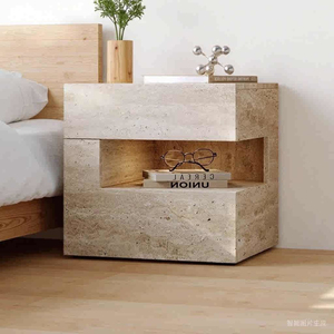 Contemporary Travertine Stone Texture Feel Wood Board Nightstand, Intelligent LED Lighting <b>Bedside</b> Cabinet with Drawer <b>Storage</b> - Product Image 2