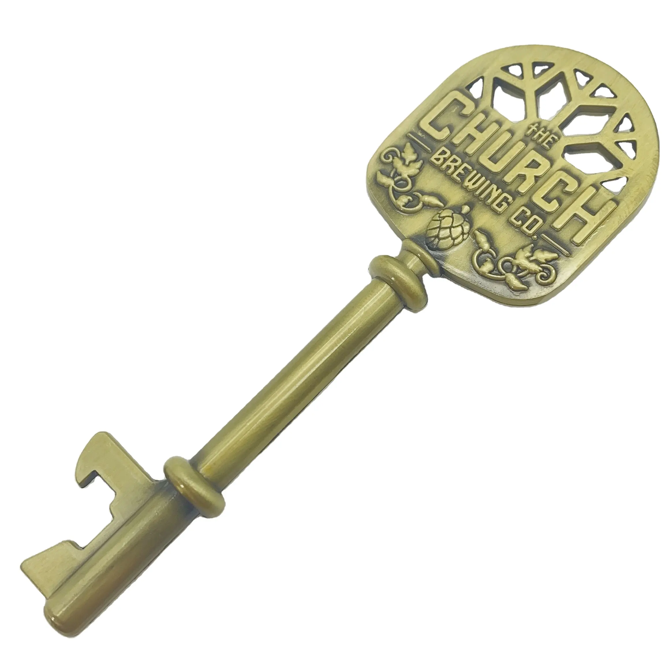 Promotional gifts Antique brass zinc alloy key chain with unique shape and printed pattern Bottle Opener