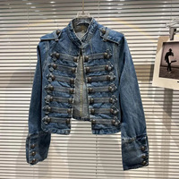 Veste vintage à col montant, boutons métalliques, coupe courte, en jean, unisexe, pour adultes