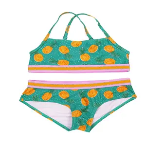 OEKO-TEX customize brand AOP sublimated print kids girls swimming tankini two pieces bikini set with elastic at hem and waistband