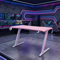 Bureau de jeu PC rose moderne avec éclairage LED, stations de jeu d'angle personnalisées, bureau de jeu RGB en métal réglable, pas cher