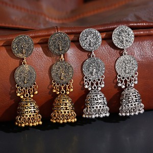 भारत ऑक्सीकरण सोने चांदी मढ़वाया मनके Chandbali घंटी Jhumki कान की बाली आभूषण जातीय Boho घंटी लटकन लटकना कान की बाली - Product Image 4