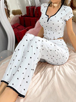Nouvel ensemble de pyjama côtelé à motif cœur d'été, 2 pièces, décontracté, haut court à manches courtes et pantalon, vêtements d'intérieur pour femmes