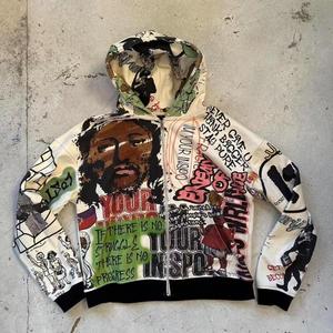 Sweat-shirt à capuche zippé pour homme en coton 100% tricoté, effet délavé, inspiré du design graffiti urbain, personnalisable, fabrication chinoise - Product Image 1
