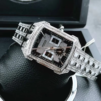 Buzlu Görünümlü Erkek Saati Tamamen Elmas Kaplı Tonneau Kasa Siyah Kadran Hip Hop Lüks Bling Çelik Quartz Kol Saati