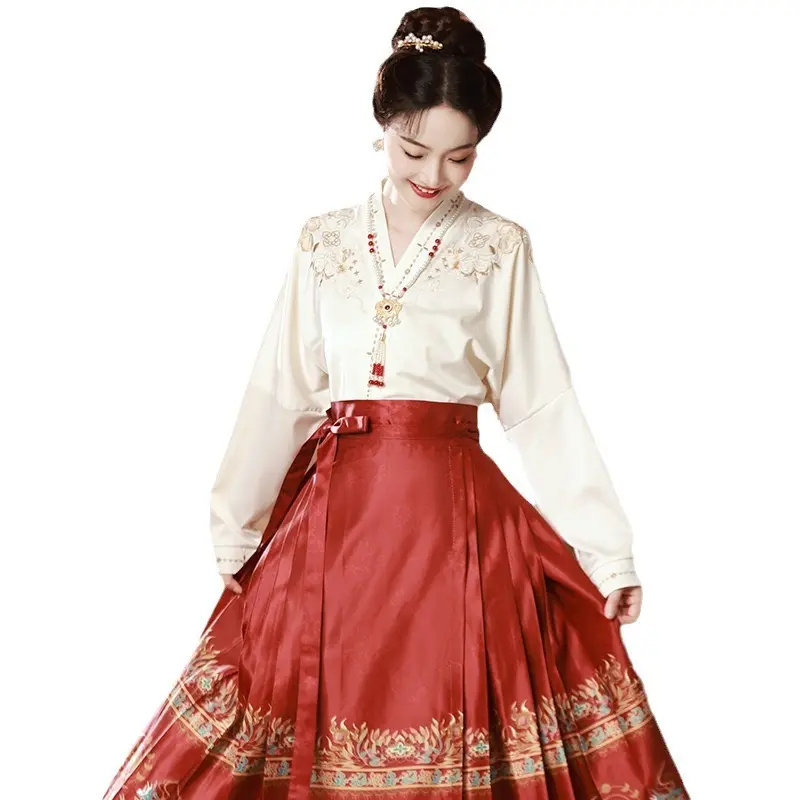 2024 नई चीनी राष्ट्रीय शैली हनफू सूट महिलाओं की गोल्डन लाल उन्नत मिंग हॉर्स फेस स्कर्ट